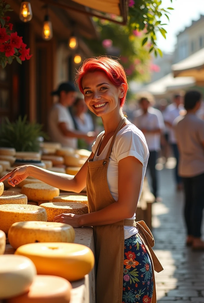 Thin woman with short hair selling cheese