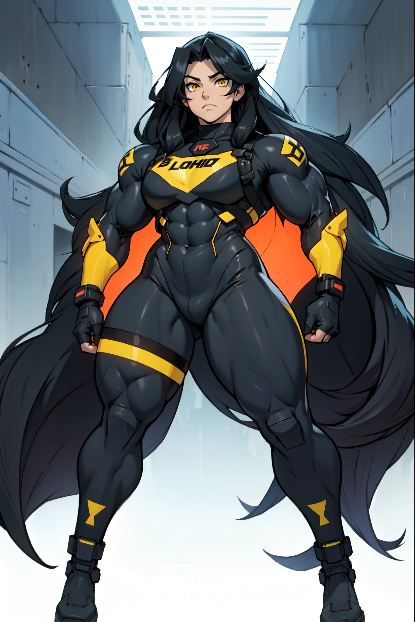 ((grey background)) pale skin black hair yellow eyes (very long hair) angry ((1 girl muscular toned body bodybuilder curvy wide hips thick thighs)) (full body solo) standing (long sleeves leotard arms over head sweaty foggy steam)