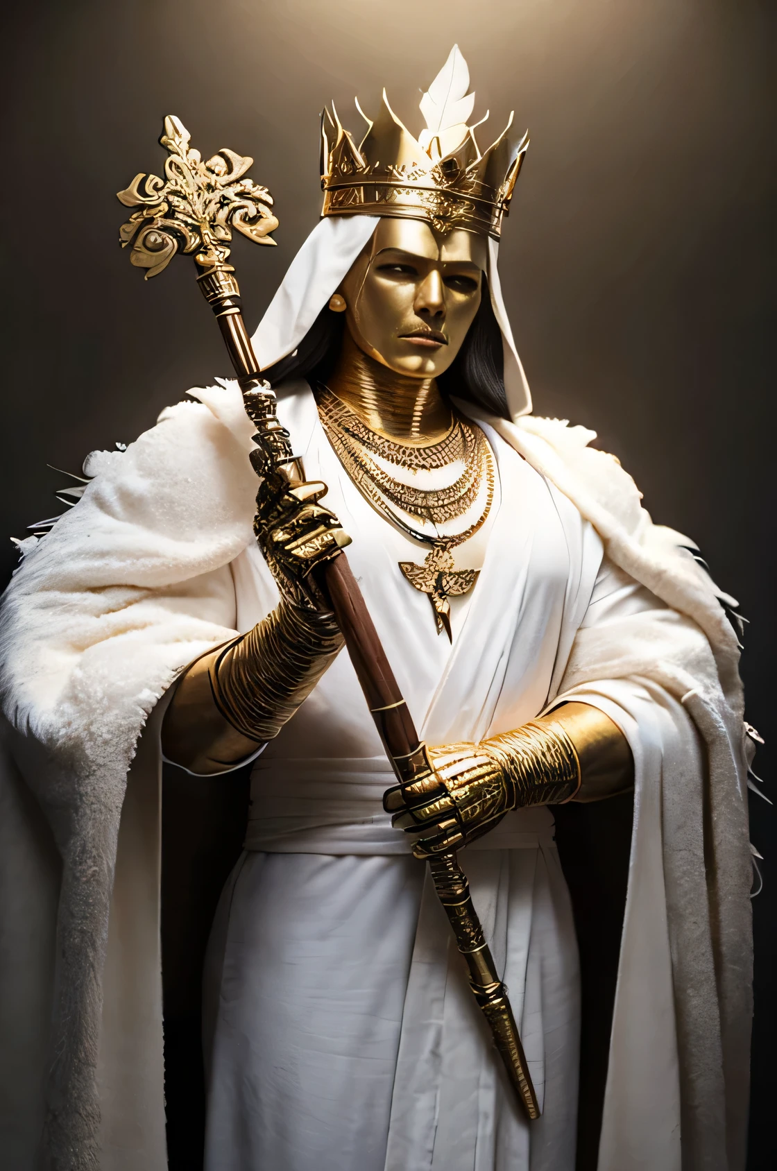 greenskin, symbolizing regeneration and fertility, and wears a white crown with feathers and a royal scepter. He is often shown as a mummified god., adorned with rich robes and holding the scepter and scourge.
