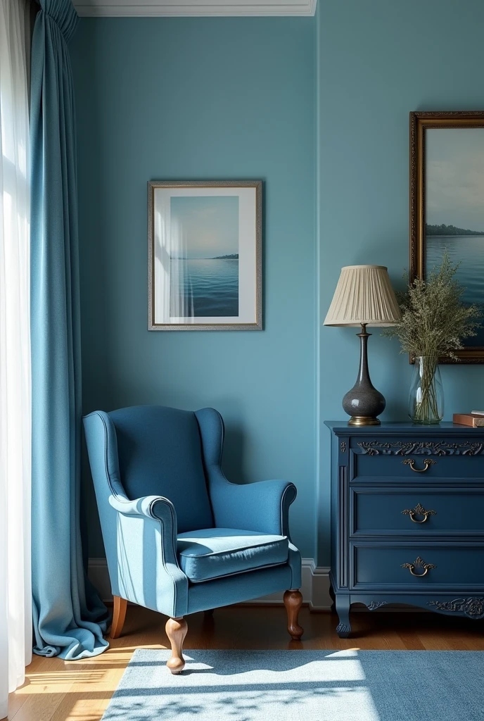 Blue living room with dresser and blue armchair in story format