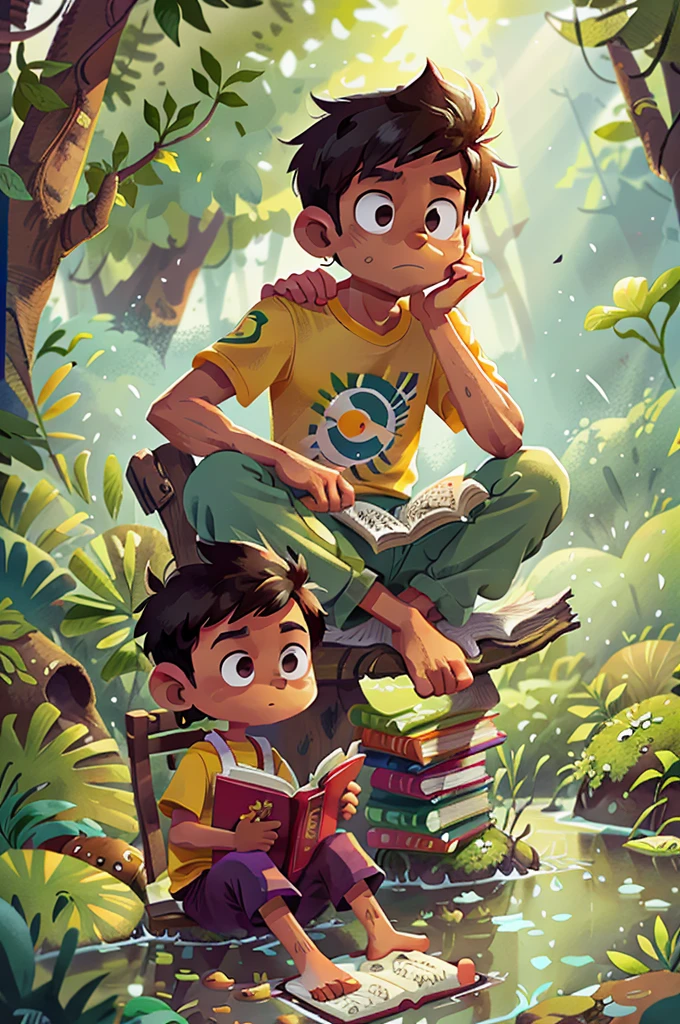 Poster design, (SFW), a Brazilian Indian, sitting with his back on a book in the middle of the river