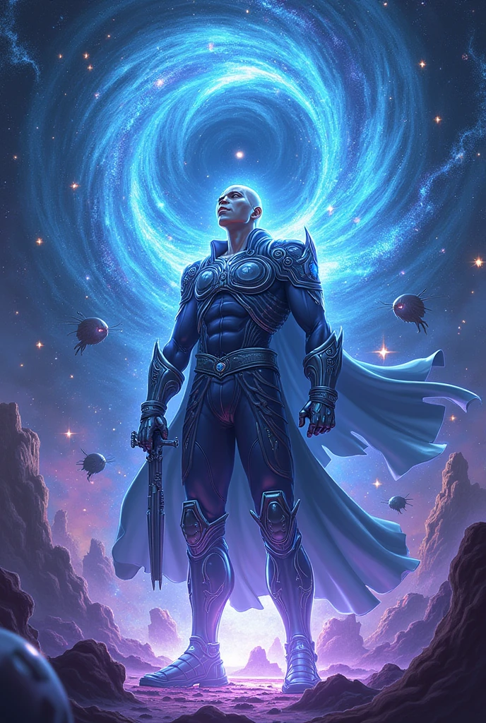 **Pose and Appearance:**
- **Posture**: Admiral Gufran stands confidently, perhaps in the middle of the battlefield or in a dominant position in empty space. His body was surrounded by a cosmic aura that showed the power and control he possessed.
- **Facial Expressions**: His face shows calm and strength, with eyes that shine or radiate cosmic light indicating the power within him.
**Void and Cosmic Effects:**
- **Void Effect**: Around Gufran, there is an area that looks like a small black hole or vortex that sucks in matter and energy. There may be visual effects such as space distortion or areas that appear to be missing nearby.
- **Cosmic Energy**: Gufran is surrounded by shimmering cosmic light or energy, possibly blue or purple, that flows out of his body or forms geometric shapes around him.
- **Gravity Manipulation**: There may be visible gravitational effects, such as objects floating in the air or surfaces appearing to curve around the Gufran.
**Environment:**
- **Cosmic Dimensions**: The image background may be a cosmic landscape or other dimension that is warped or mixed with void effects. This could include stars, galaxies, or strange space structures.
- **Void Influence**: The area around Gufran may appear lost or scarred by his void power, with objects or light being drawn into it.
**Accessories and Details:**
- **Clothing**: Admiral Gufran may wear military clothing or armor with a futuristic or cosmic design, possibly with symbols indicating Cosmic Devil Fruit powers.
- **Weapon or Tool**: If he is holding a weapon, it may appear to be an energy weapon or have prominent cosmic effects. Anime style, and him fighting his enemies. Add enemies, make him looks southeast Asian