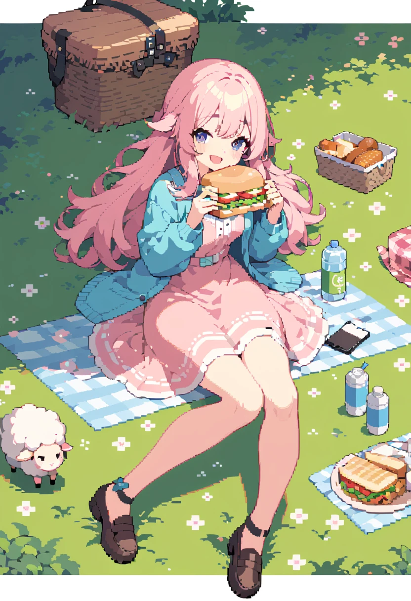 masterpiece, Highest quality, 8k, Beautiful pixel art, Vivid, Sheep, young woman, smile, Open your mouth, ((Fluffy hair)), Long Hair, Hair like sheep's hair, Pink Hair, eyebrow, 太いeyebrow大きな目の人形1体，Pink dress, Blue cardigan, Brown shoes, grassland, picnic, Basket with packed lunches, Eating a sandwich, Water bottle, Sitting on a plaid sheet