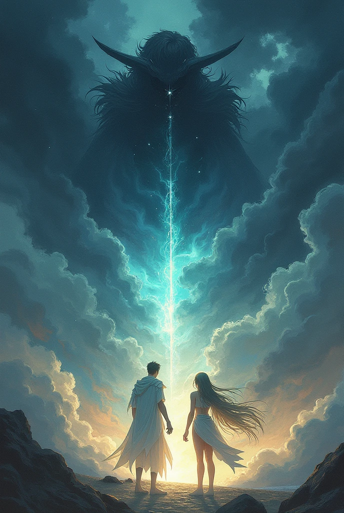 Painting that uses painting as a reference "the sin" the Heinrich Lossow, but using the characters of Lumine and Aether from the game Genshin Impact.
