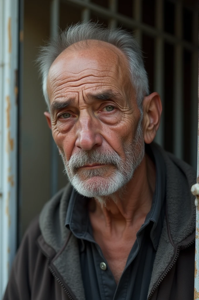 ((best quality)), ((masterpiece)), (detailed), perfect face I want you to create an image of a 79-year-old Argentine man, without hair. Next to his house with white bars in the background. The man is having a heated argument with his 29-year-old grandson and is holding a gun with the intention of harming him. and in the background her grandson's mother screaming for mercy