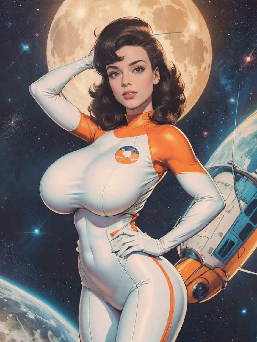 (masterpiece, top quality, best quality, official art, beautiful and aesthetic:1.2), (1girl:1.3), light freckles, fair skin, extremely detailed, portrait, looking at viewer, solo, (full body:0.6), detailed background, close up, (bright space pinup theme:1.1), busty 1950's pinup brunette space girl, charlatan, smiling, happy, mysterious, spacewalk, modest attire, white and orange space suit, spacesuit, helmet, bodysuit, ray gun, long boots, pouches, jetpack, glass helmet, rocket ship, ((((narrow hips, slim sexy body, gigantic breasts)))), slim waist, slim hips, long legs, futuristic (moon exterior:1.1) background, dark mysterious lighting, shadows, magical atmosphere, dutch angle,