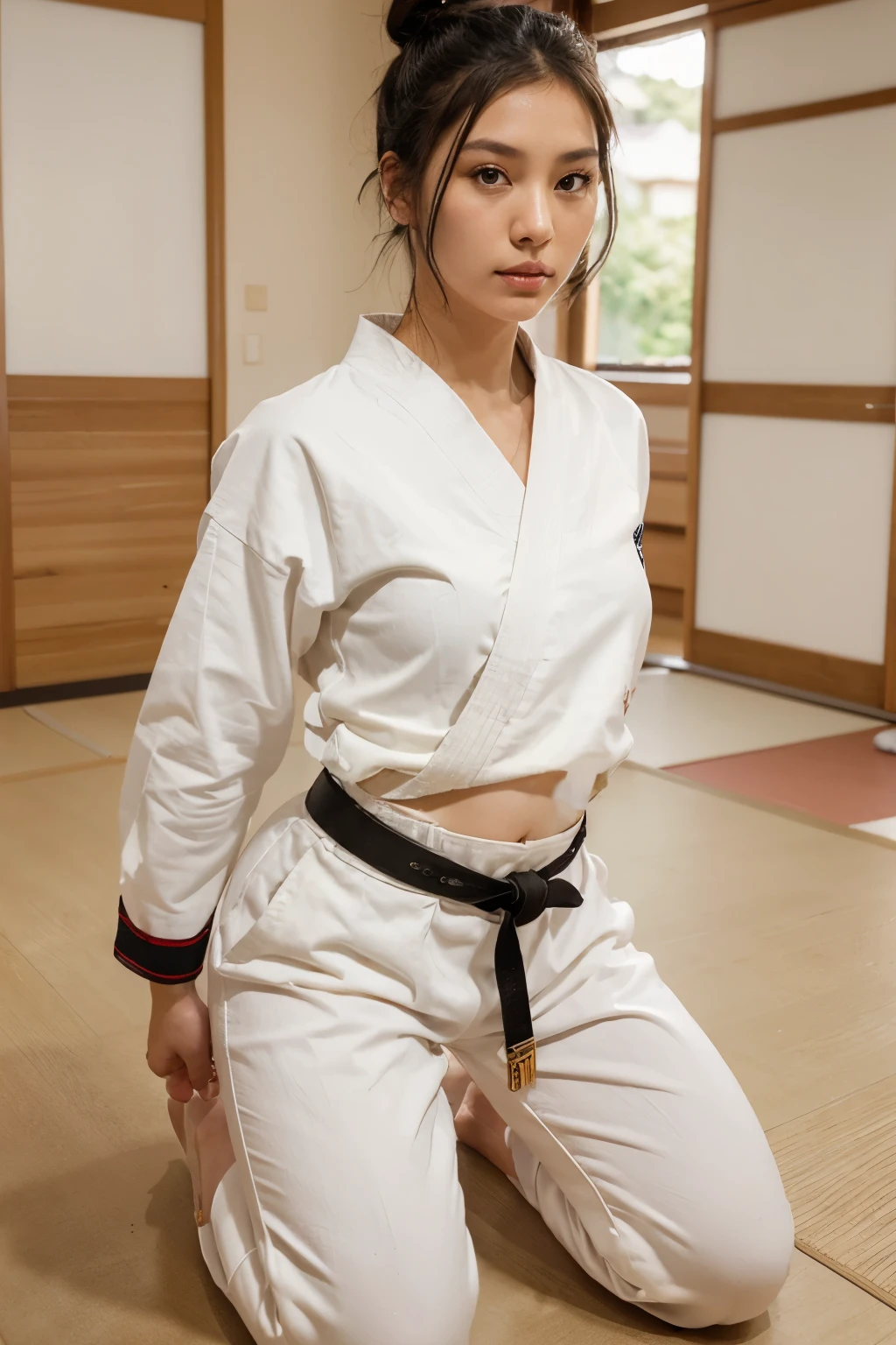 1 girl, solo, looking at viewer, black hair, hair ornament, brown eyes, indoors, hair bun, lips, kneeling, realistic, white pants, nose, tatami, sliding doors, martial arts belt
