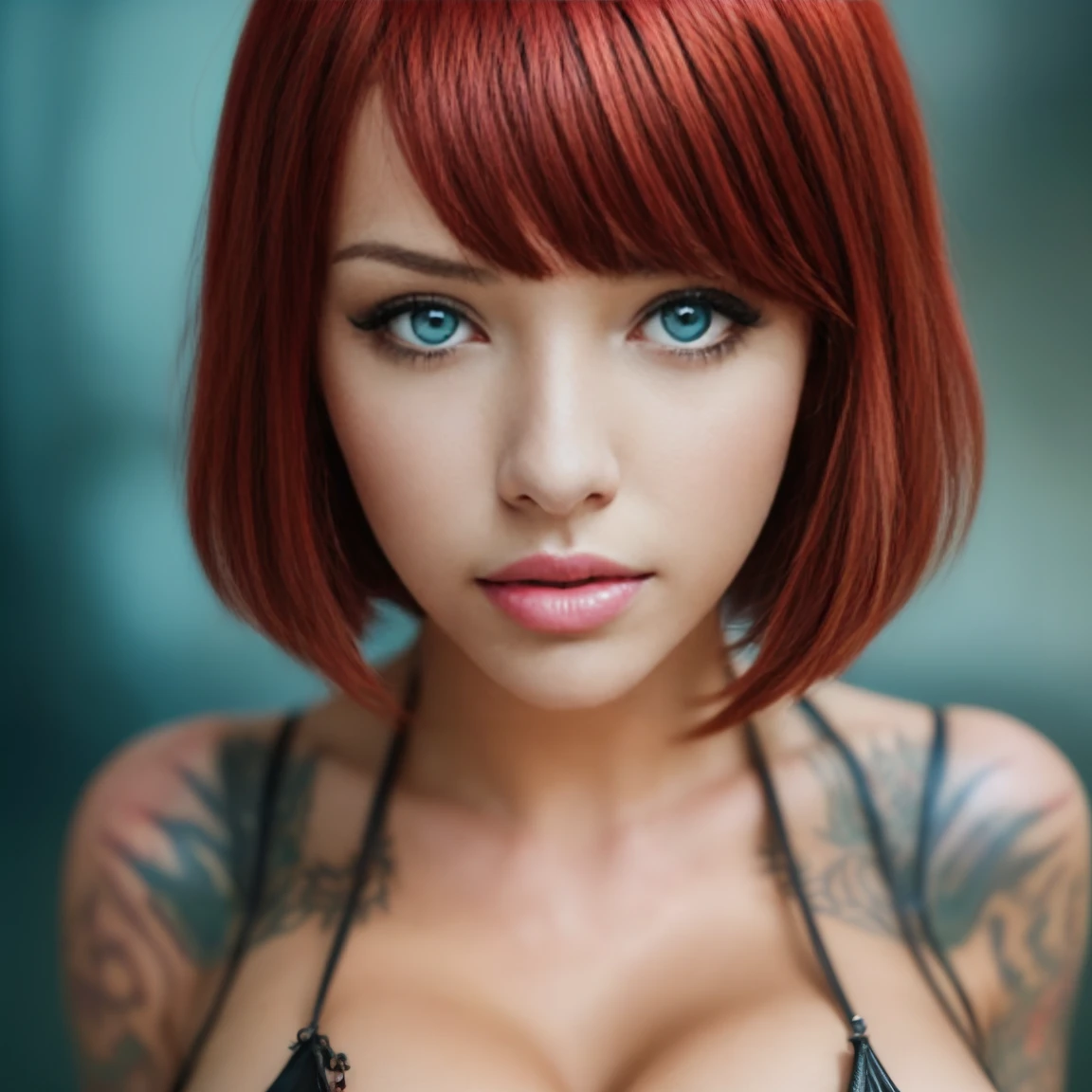 An amazing full body image of a stunning laurence bedard, (24years old:1.5), tall, voluptuous, hourglass figure, (short bangs hairstyle:1.5), (redhead:1.5), (face of laurence bedard:1.6), dressed in leather straps, detailed eyes, detailed hair, stunning facial feature, sweet smile, Perfect grey eyes, ultra realistic eyes, perfect face, perfect body, cinematographic, color analog film photo, Realistic hair, ((perfect face)), full photo of a sexy beautiful girl, Photograph, photorealistic, Evocative pose, ((Beau)), pose sexy, (Looking at the viewer), cinematographic lighting, very high detail, focused background, photo on Fujifilm Superia 400, Low light, 32K, cinematographic composition, professional calibrations, Film grain, colored, Very detailed, photoshoot, incredibly detailed, hot, sexy, very attractive, super model, (photorealistic:1.3), (of the highest quality:1.3), world's best photography:1.3), (professional Photo:1.3), (detailed details:1.3), maximum depth of field, film photography, (intricate details:1), (hyperdetailed:1), tattoos