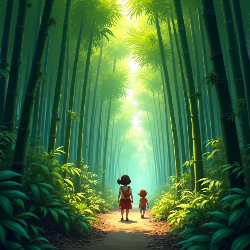 bamboo forest, Game art illustration style, game illustration, diverse and immersive visuals, whimsical, dynamic characters and environments, rich color palettes, enhances storytelling and gameplay experience, (best quality, masterpiece, photorealistic), very aesthetic, perfect composition, intricate details, ultra-detailed, vivid colors