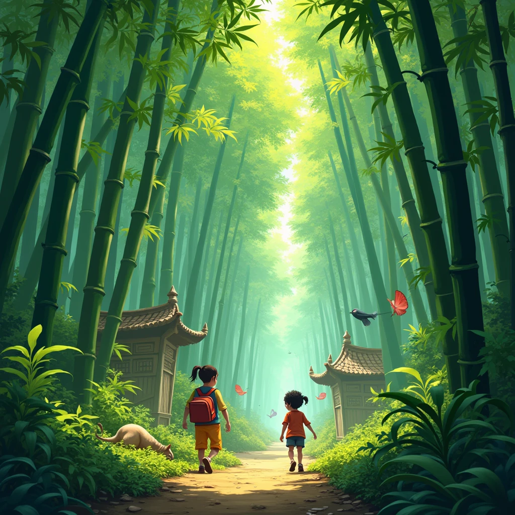 bamboo forest, Game art illustration style, game illustration, diverse and immersive visuals, whimsical, dynamic characters and environments, rich color palettes, enhances storytelling and gameplay experience, (best quality, masterpiece, photorealistic), very aesthetic, perfect composition, intricate details, ultra-detailed, vivid colors