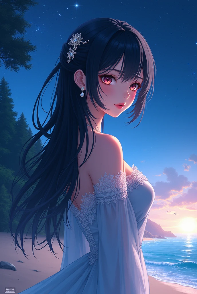(masterpiece,Highest quality,,8k,High resolution),One female,,Beautiful Face,Beautiful Face,Beautiful eyes,Beautiful lips,,Black Hair,look back,Anime Beauty、Anime Girl、flower,Sandy beach with a view of the forest,A bright night with stars visible,jewelry,Holding,Long sleeve,necklace,Long Hair,dress,(whole body),Highly detailed anime art,