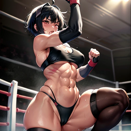 her body is taking a lot of punches and kicks. a bloody beautiful Japanese female heavyweight fighters is cornered in a wire fence. in the octagon fighting ring of underground arena with audience. she is fighting. stangding down. She is groggy. she is beated. whole body picture. she is covered in scars and bruises. she is damaged terribry. Short-cut black hair, out of breath, drooping eyebrows, drooling from mouth, one eye is closed, exhausted, drenched in sweat. Erect nipples. open finger glove. Ragged white and pink lined sports bra, high leg panty, Stockings. armwarmers. small breasts, armwarmers. Whittled waistline, muscular, six-pack abs, very thick arms and thighs, super huge tits.