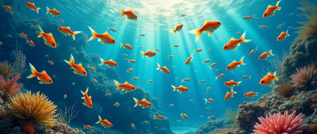 a school of goldfish with a thousand fish all over the place