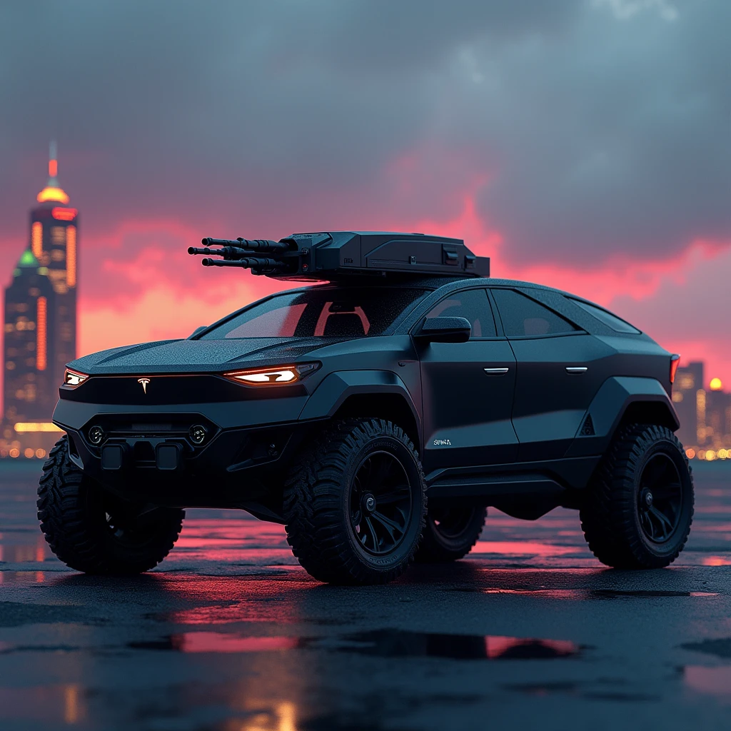 Create a futuristic version of the Tesla Cybertruck with an Aventador-inspired design, featuring sleek lines and aggressive styling. The vehicle should be entirely black, with an armored exterior and a military turret seamlessly integrated into the design, matching the same color. The overall height should be nearly the same as the Aventador, giving it a low, powerful stance. The combination of futuristic technology and military-grade armor should evoke a sense of both elegance and strength.