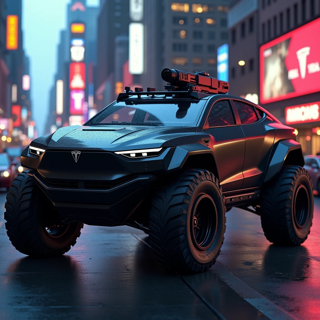 Create a futuristic version of the Tesla Cybertruck with an Aventador-inspired design, featuring sleek lines and aggressive styling. The vehicle should be entirely black, with an armored exterior and a military turret seamlessly integrated into the design, matching the same color. The overall height should be nearly the same as the Aventador, giving it a low, powerful stance. The combination of futuristic technology and military-grade armor should evoke a sense of both elegance and strength.