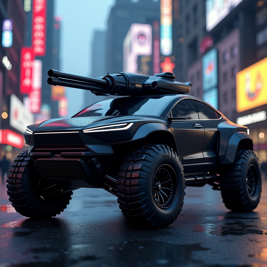 Create a futuristic version of the Tesla Cybertruck with an Aventador-inspired design, featuring sleek lines and aggressive styling. The vehicle should be entirely black, with an armored exterior and a military turret seamlessly integrated into the design, matching the same color. The overall height should be nearly the same as the Aventador, giving it a low, powerful stance. The combination of futuristic technology and military-grade armor should evoke a sense of both elegance and strength.