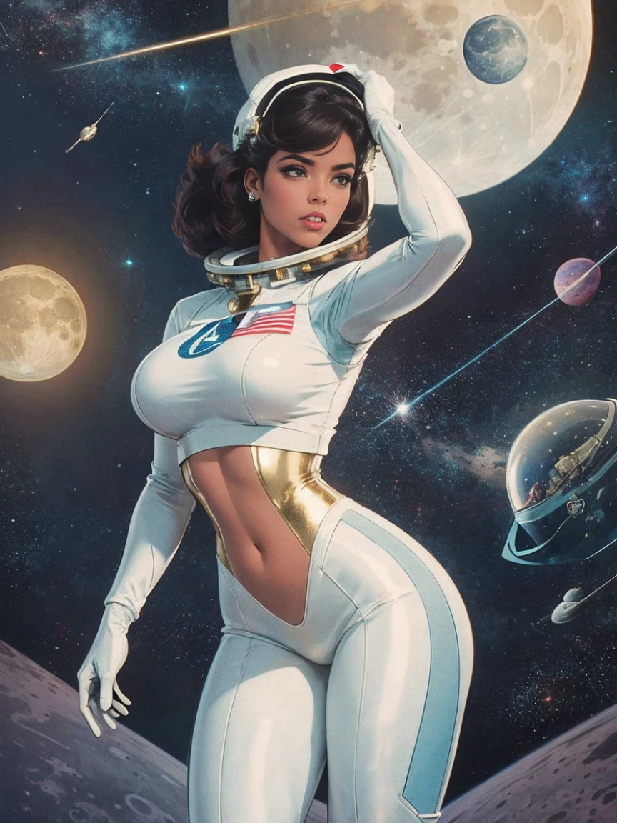 Gorgeous and sultry busty athletic (thin) astronaut wearing a white space suit, opaque space helmet, gold visor, spacesuit, bodysuit, ray gun, jetpack, spaceship, 1960's, space, lunar surface, moon, earth rise, Earthrise, space, stars, American flag, massive boobs