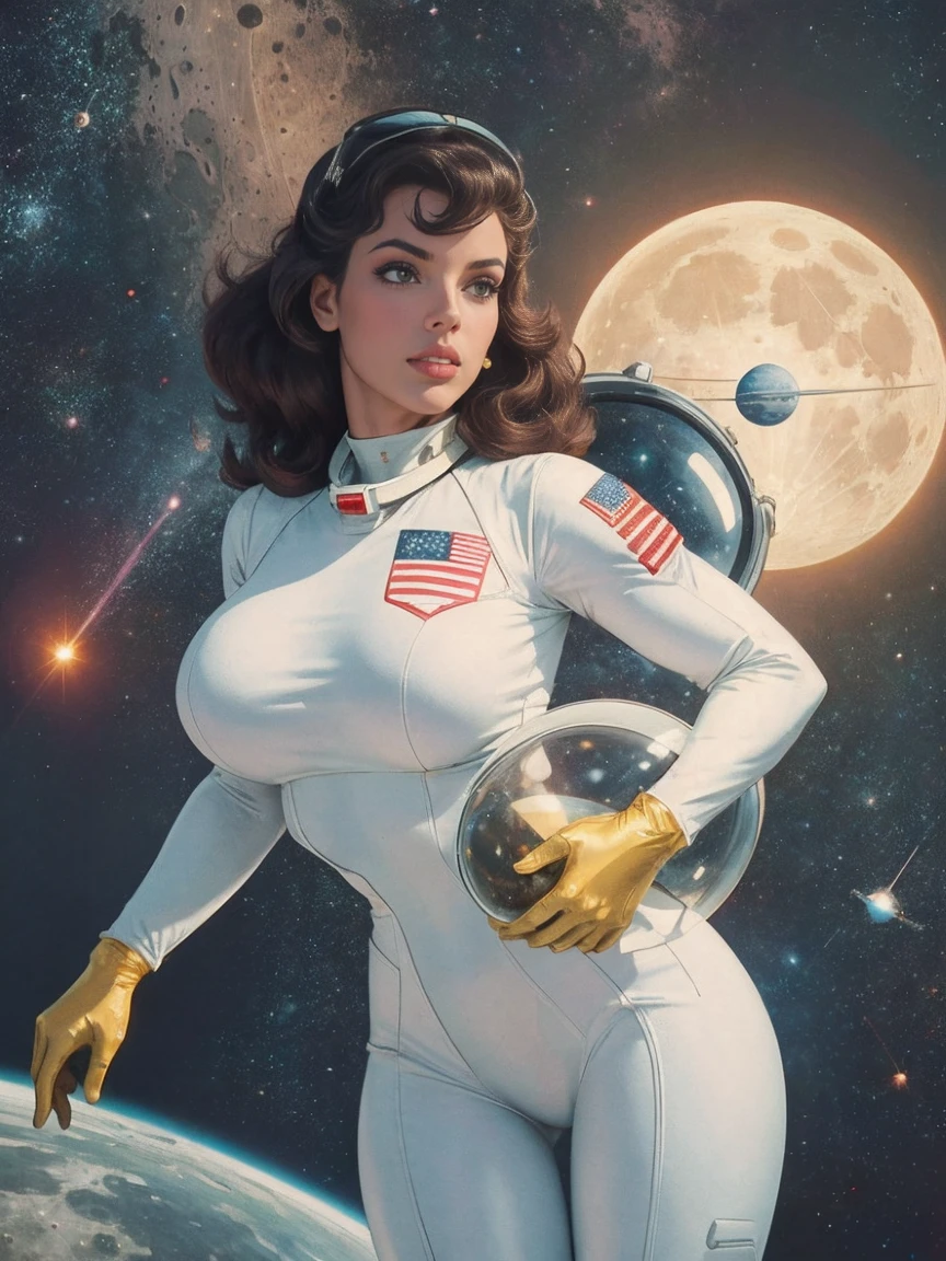 Gorgeous and sultry busty athletic (thin) astronaut wearing a white space suit, opaque space helmet, gold visor, spacesuit, bodysuit, ray gun, jetpack, spaceship, 1960's, space, lunar surface, moon, earth rise, Earthrise, space, stars, American flag, massive boobs