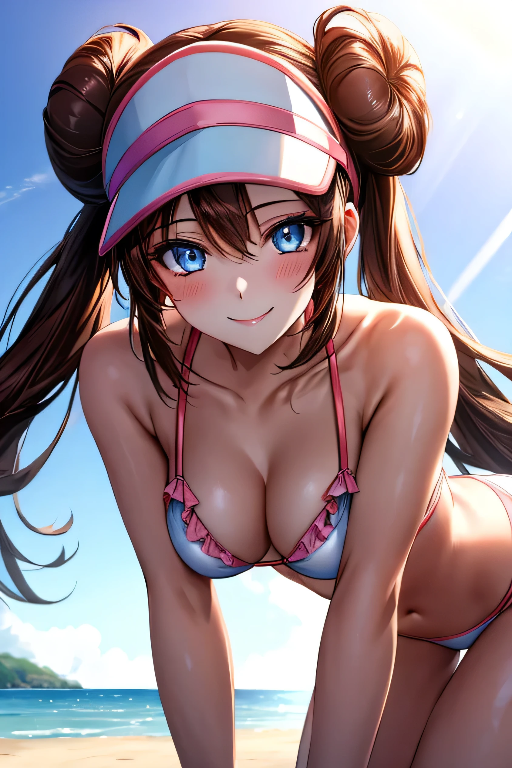 1girl, leaning forward, close up, from front, BREAK rosa pokemon, blue eyes, brown hair, long hair, twintails, double bun, visor cap, (frilled bikini:0.8), light blue bikini, medium breasts, smile, BREAK detailed background, beach, sun, sunset, BREAK (best quality, masterpiece, UHD, ultra detailed), (beautiful face, shiny skin), (detailed eyes), (perfect anatomy), (professional lighting)