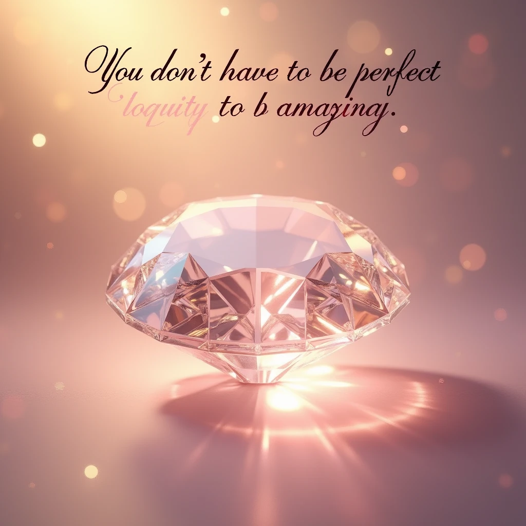 An artistic image featuring an imperfectly shaped diamond shining brightly, surrounded by soft, glowing light. The text ‘You don’t have to be perfect to be amazing’ is displayed in a stylish, elegant font, emphasizing the message of embracing imperfection. The background is a gradient of warm, soothing colors like soft pinks and golds
