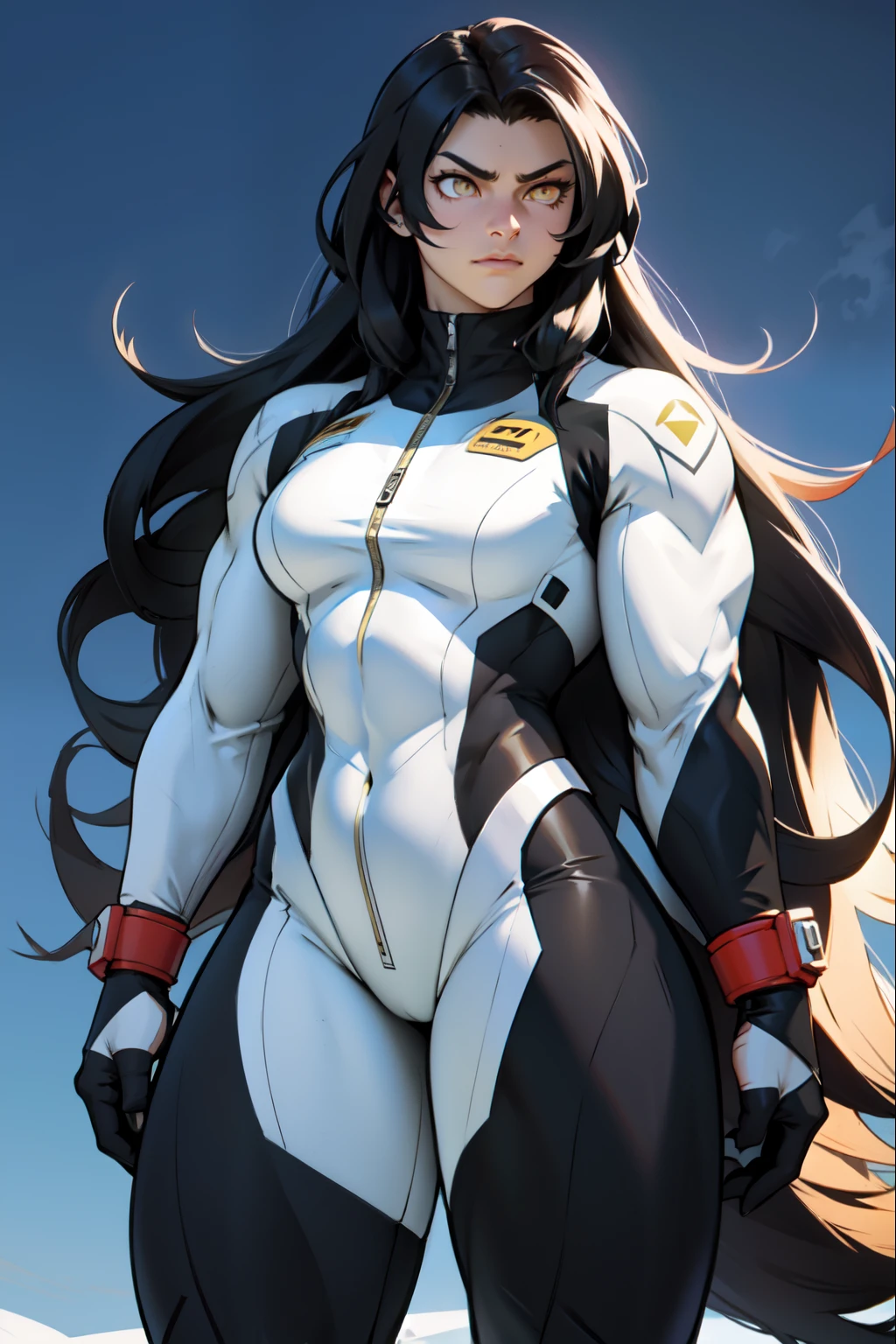angry girl pale skin (((((muscular girl))))) (((thick))) (((large breasts))) pilot suit bodysuit black hair yellow eyes very long hair very long hair very long hair