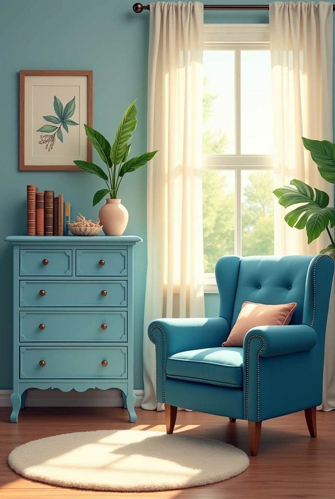 Blue home living room dresser and blue armchair in story vector format