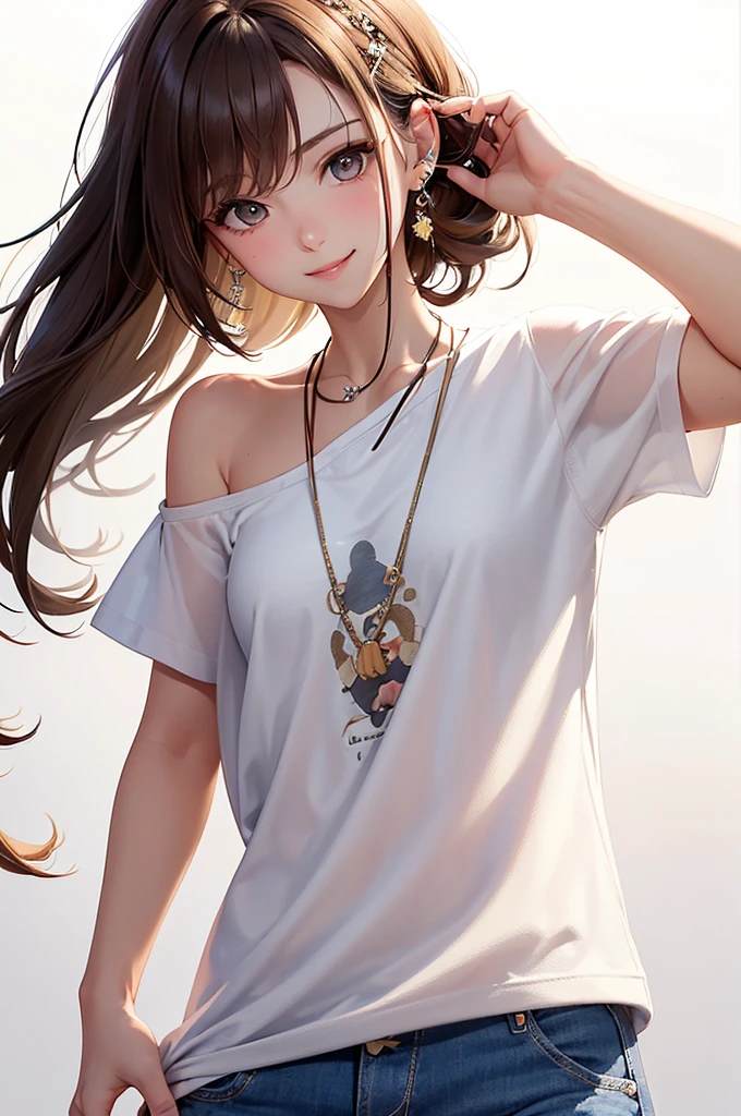 Best Quality,High resolution,8k,(plain white background, no patterns, no textures, just a plain white background:1.3),Masterpiece:1.2),beautiful girl,Shiny brown hair,messy hair,Brown eyes,oversized graphic tee with a cheerful design, paired with pre-ripped jeans, colorful cotton fabric with a subtle pattern, casual sneakers with a pop of color, Accessories include a playful pendant necklace and colorful stud earrings,Gentle look,A refreshing look,smile,Best quality,Best Quality,Aesthetic and aesthetic:1.2,Best details((Super detailed))(High-definition CG illustrations),Slender body,smile,blush,cute,Scrounge,Looking up,Being spoiled,super model