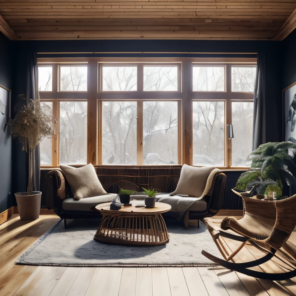 8 K,32K,Best quality, rattan chair, semicircular sofa, a plant, Snowy landscape, absurdities, composition, cup, Interior, floor to ceiling window, wooden floor, living room, dark brown, black batteries, carpet