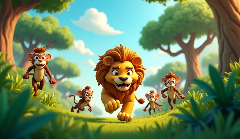 Lion is chasing other animals in the jungle 3D cartoon