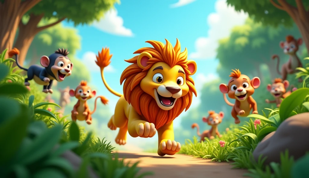 Lion is chasing other animals in the jungle 3D cartoon