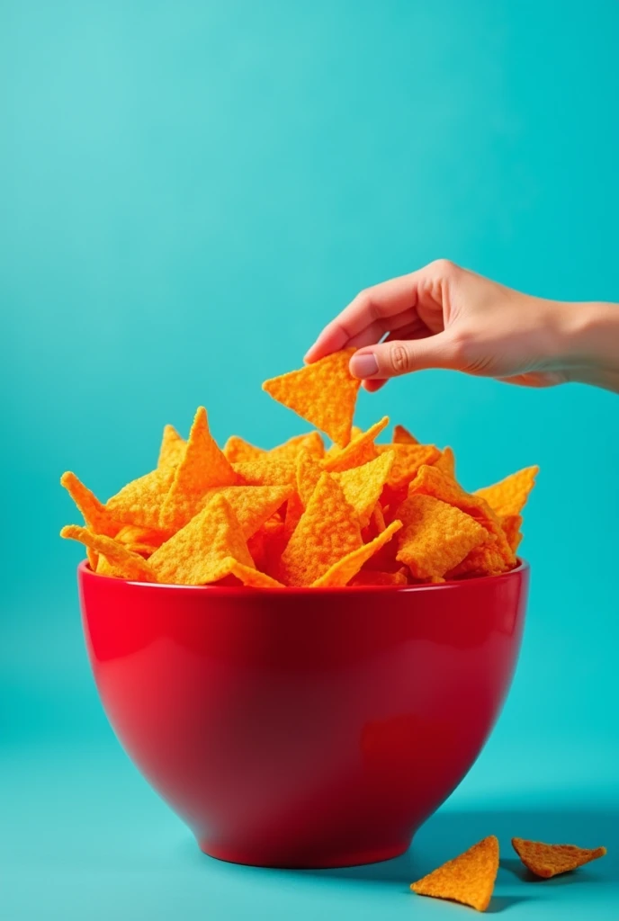 create a large red bowl full of doritos with a uniform cyan blue background with a hand picking up a dorito


 