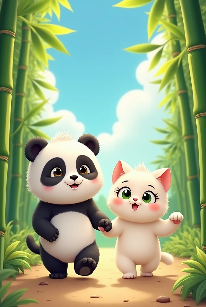 Cute panda and white cat walking together holding hands
