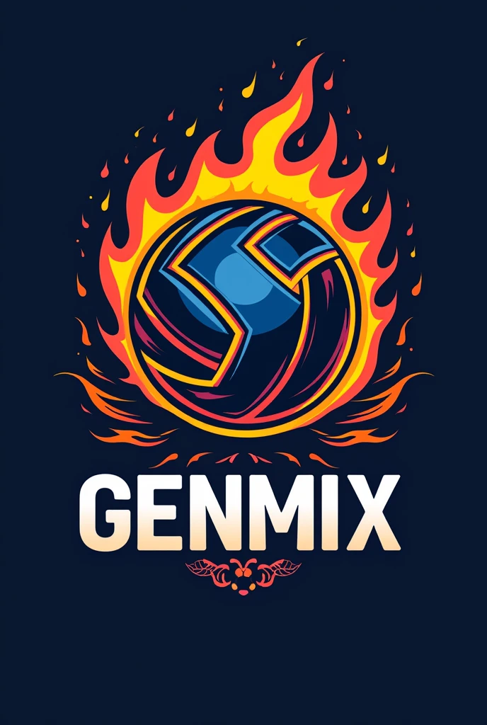 Make a logo for a volleyball team , called GENMIX , what little genes , colors and fire and a volleyball and the name is inside the realistic logo