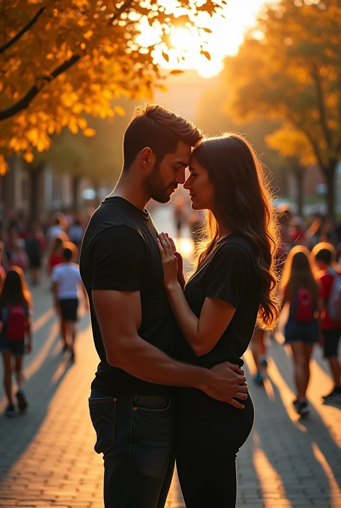 An extremely tall couple towering over their school environment captured in a high angle photo, their lips locked in a passionate kiss as they stand side by side, manifesting their complete symmetry. Her absurdly tall frame boasts a pair of black, ultra-tight leggings that accentuate her pronounced muscular abs, a pair of massive thighs, and calves, all supported by a pair of considerable biceps. He stands supporting her in his towering, 20-