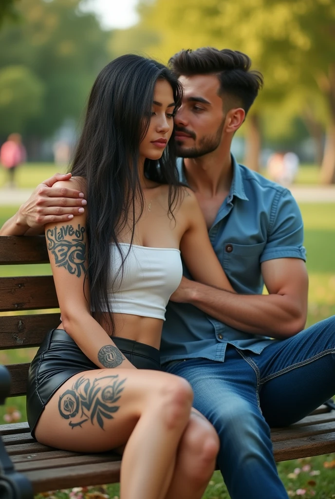 Magnificent detail, 8K Photos, hyper- realism, realistic background, visual depth, wide angle lens, professional light. front view {a couple of a beautiful 23 year old woman, brunette, Bblack hair, white-skinned, sitting on a bench in a square, being hugged by her blonde boyfriend. She has a tattoo on her abdomen that says "Slave of BBC" and another hotwife symbol tattoo (The black spade suit with a "q" white within the suit) na perna}. {She wears a leather mini skirt and a white strapless top.} {The spade suit is black and has a "q" white inside the symbol} {the woman has a beautiful curvy body, muscular legs, breasts small.} The setting is a public park. The man wears jeans and a blue shirt. The woman does not reciprocate the affection, bored expression, Looking in another direction
