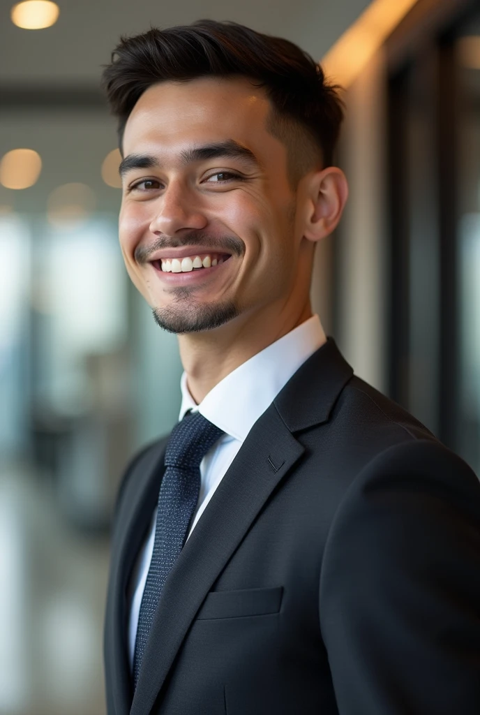 Profile picture image – Tiago Finch style. The image must be realistic and portray a young, professional man., with an elegant and confident appearance. Wear a fitted suit, well-cropped hair, and a friendly expression. The background should be neutral and sophisticated., as a modern office environment. Lighting should highlight the face and create a sense of success and professionalism.."