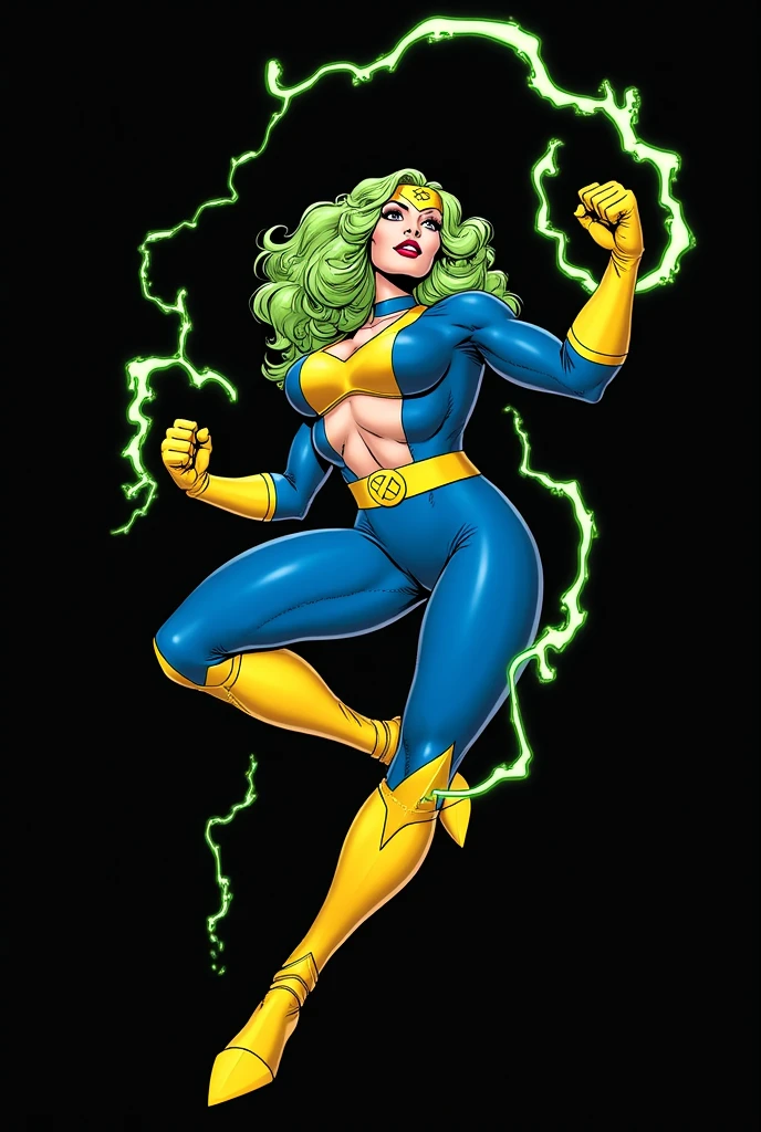 (Lorna Dane, polaris x-men, (attack uppercut pose:1.4), (busty and voluptuous body), (naked arms:1.4), (green thick wavy long hair:1.4), (huge breast:1.6), wearing a blue costume, big yellow in the chest and stomach, with yellow xmen belt, blue glowes, yellow boots, (she's surrounded by a green energy:1.5), (comic style:1.4)