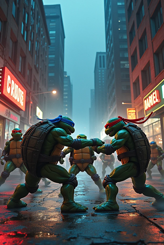 ,masterpiece, high detail, a high resolution, wide-angle, Filming,age Mutant Ninja Turtles in battle with enemies Beebot and Rocksteady
