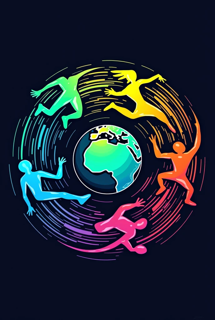 Design a dynamic and modern logo for a dance studio named 'Dance Planet.' The logo should convey energy, creativity, and movement, reflecting the vibrant spirit of hip-hop and other dance styles. Incorporate elements that represent both the 'planet' concept, such as a globe or circular shape, and the 'dance' theme, like stylized figures in motion, rhythmic lines, or abstract patterns. Use bold, contrasting colors that stand out and capture attention. The logo should be versatile enough to work across different media, from digital platforms to physical signage."