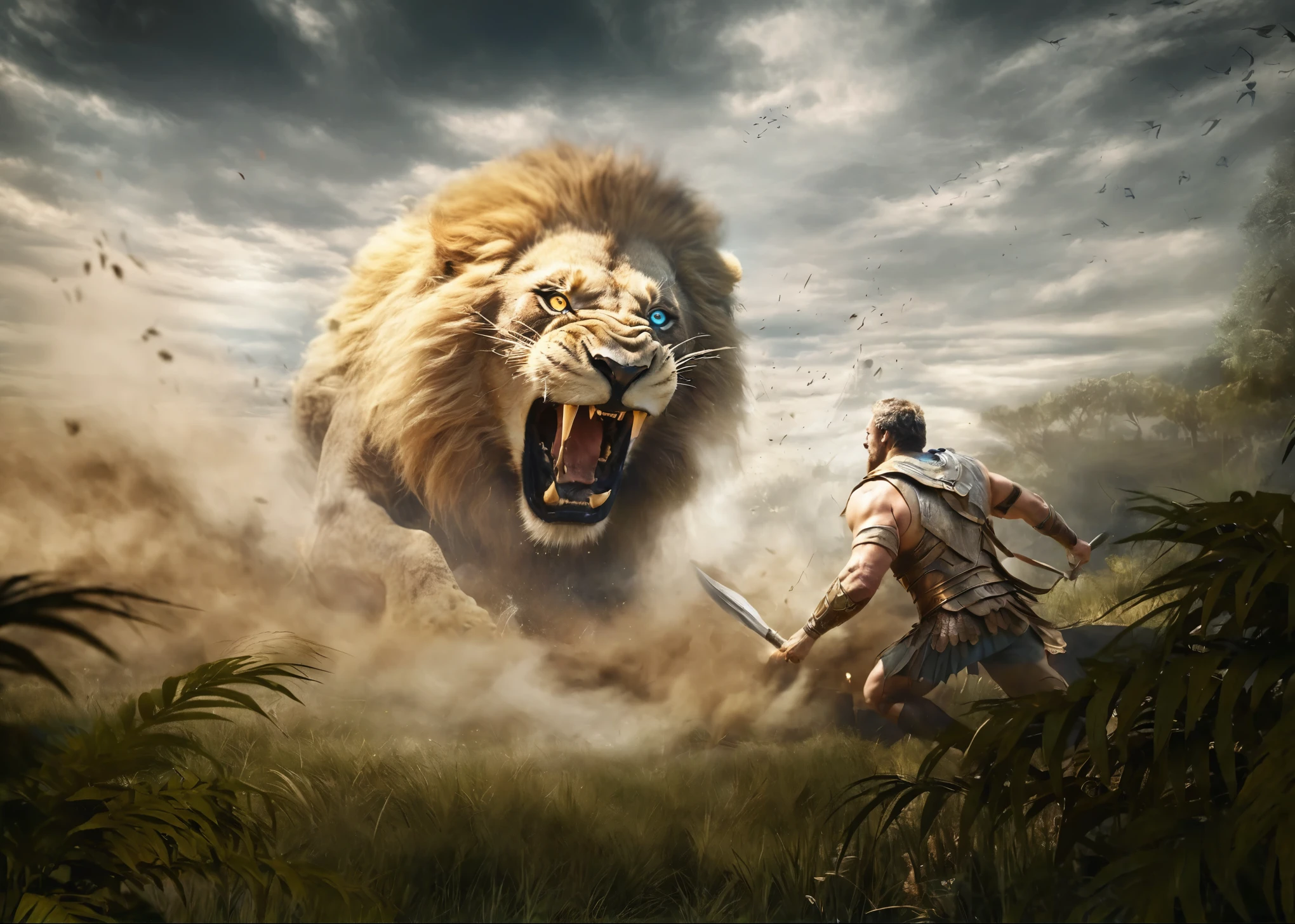 (best qualityer, high resolution, super verbose, practical: 1.37), proffesional, studio lighting, HDR, shiny colors, Focus Clear, （(The majestic lion roars angrily: 1.8)）, wild animals, intense expression, sharp blue eyes, strong physique, Elegant fur，angry lion in the savannah。This scene was filmed from behind，Just as it was taken with a camera，dusty，Green grass is visible in the background。A lion has blue and。In the style of sci-fi game concept art, Capturing the power of wildness, wild animals摄影 photography, Fine Arts, naturey, playing, Mesmerizing, spectacular lighting, light andshade contrast, Minimalist composition, a true masterpiece of naturey具有强烈光晕背景阳光的真正杰作. do the best you can.