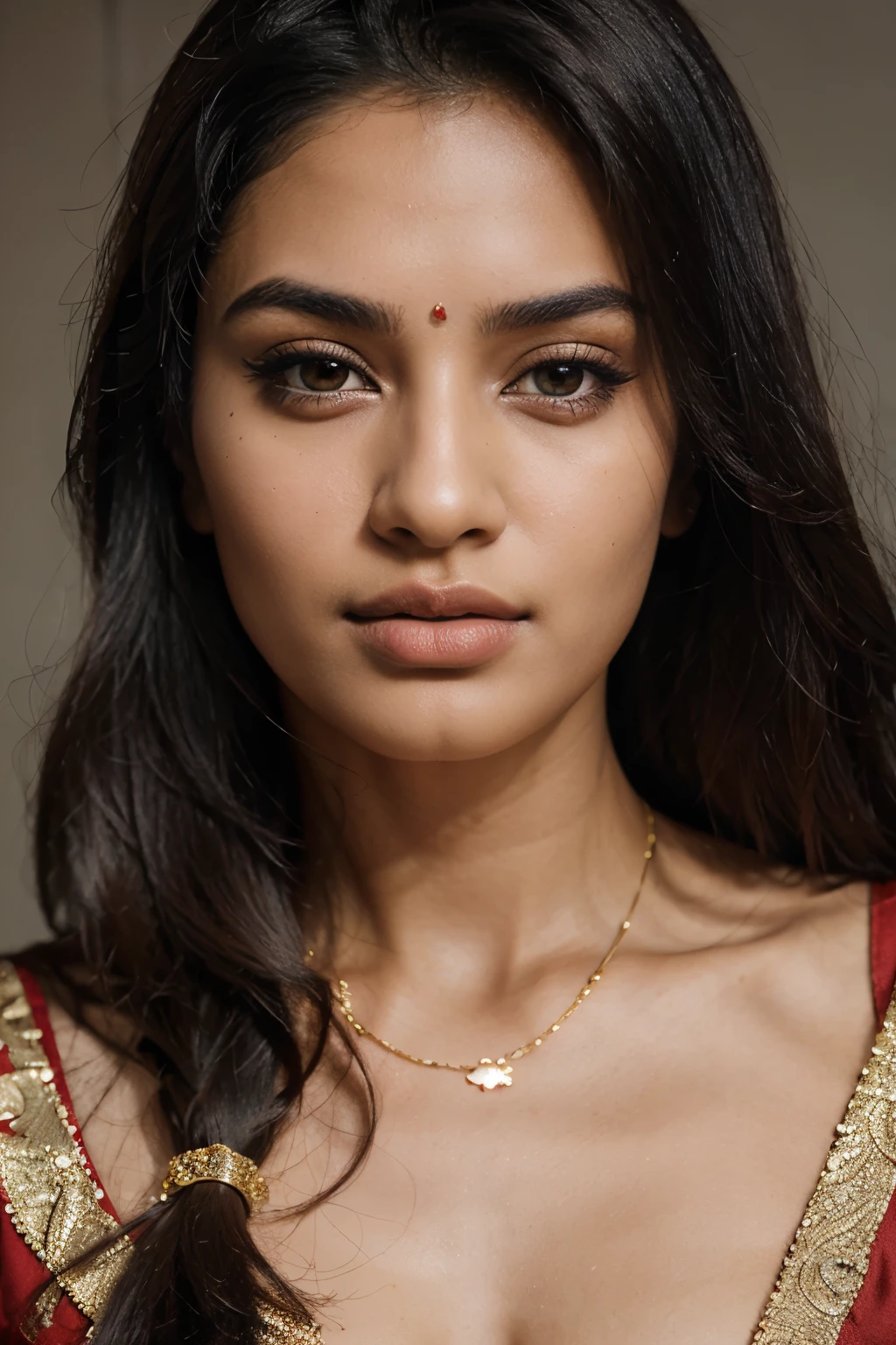 young 30 year old beautiful Indian woman, expressive eyes, full lips, sleek and glossy long black hair, realistic skin texture, perfect facial symmetry, modern fashion, elegant yet bold, detailed skin pores & facial texture, pores, (goosebumps:0.7), dynamic pose, perfect face, photo grain, super realistic and natural skin and face gestures, shot with Sony Alpha A6500 1.4f, bokeh, highly detailed, masterpiece