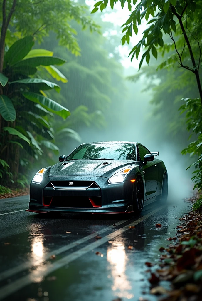 Gtr r 35 rainy day in rain forest on road 60 mph speed