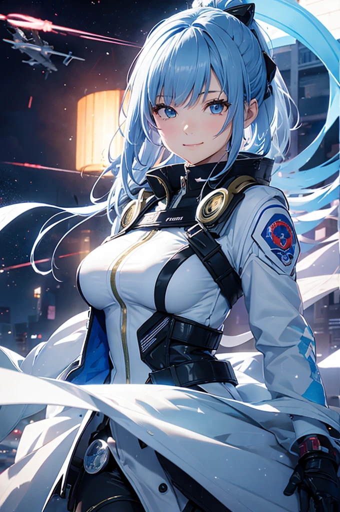 Future World,人工知能のperfectionな例,5143 and later, 8k, Very detailed , perfection，Ultra detailed face，Girl，eight-headed body，Silky light blue hair，Bit Girl，Futuristic Background，During night combat，smile，Dress Type，wear a khaki military jacket,Japan representative jacket、With flag patch、matrix、blade 