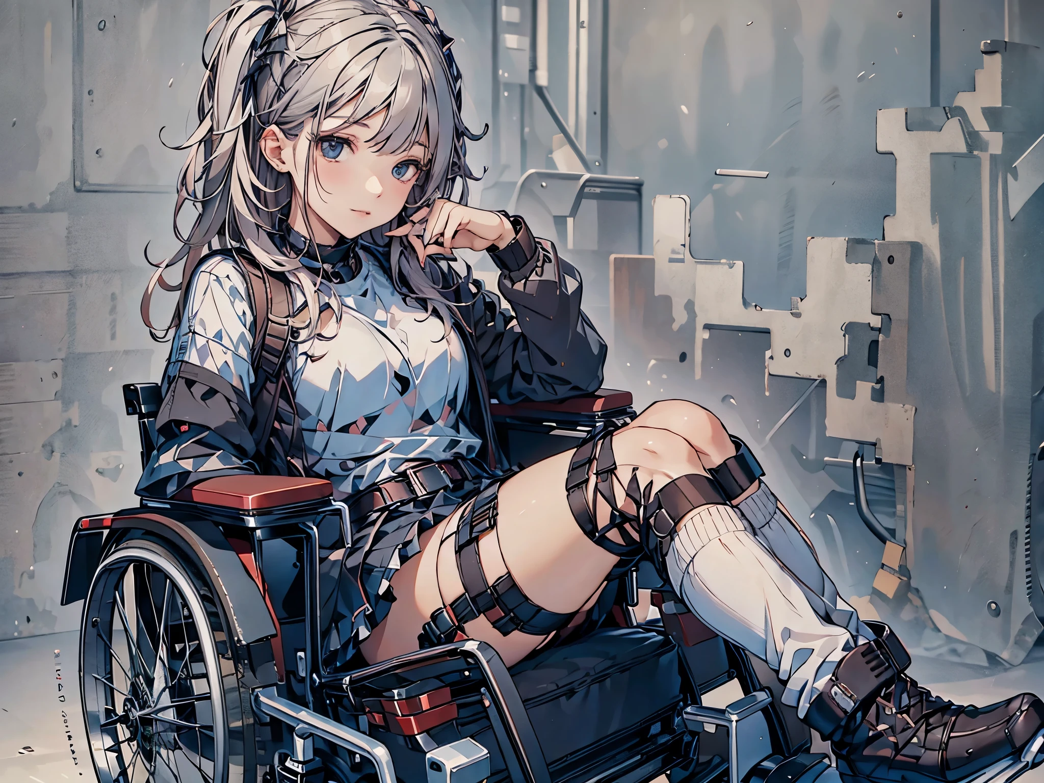 girl,wheelchair,Bandage on the leg,white eyepatch,Expressionless,Eyes without highlights