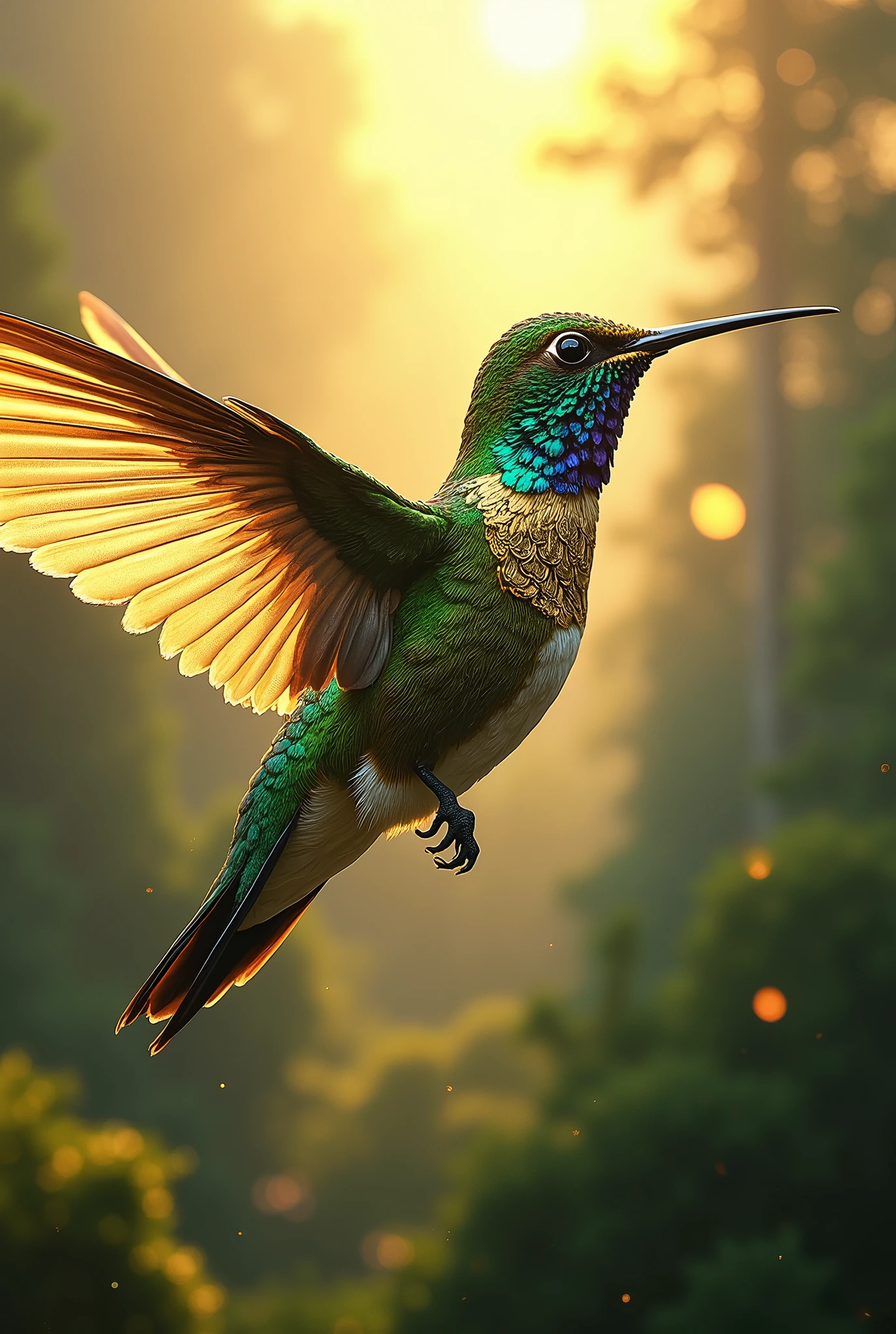 (Close-up of a majestic masterpiece:1.5)0.9], (Strong and united hummingbird:1.2), (Detailed golden armor:1.1), (Radiant light around the hummingbird:1.1), (Epic scenery symbolizing unity and determination:1.0)
