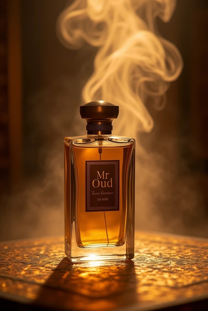 Purfume bottle like cylindrical square shape along with brand name of Mr Oud and bottom note of Eau de purfume as background of chirak smoke over bottle in Arabic vibes