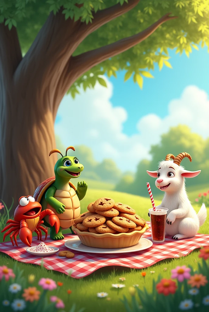A pie, A turtle, A crab and a goat eating cookies with soda 