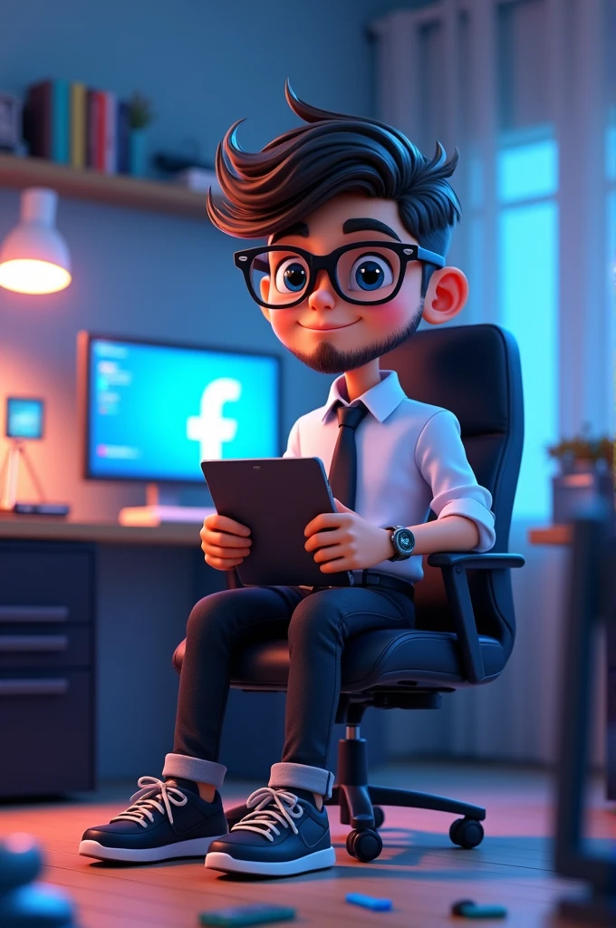 A 3D cartoon character, age 15, with glasses, a beard, and stylish hair, wearing a white shirt, black tie, black pants, and sneakers. The character is sitting on an office chair, focused on a tablet. The background features a Facebook-like profile page with the name "Chiranjivi Dhakal," a prominent blue Facebook logo, a computer screen displaying code, and various office items in a tech-centric workspace.