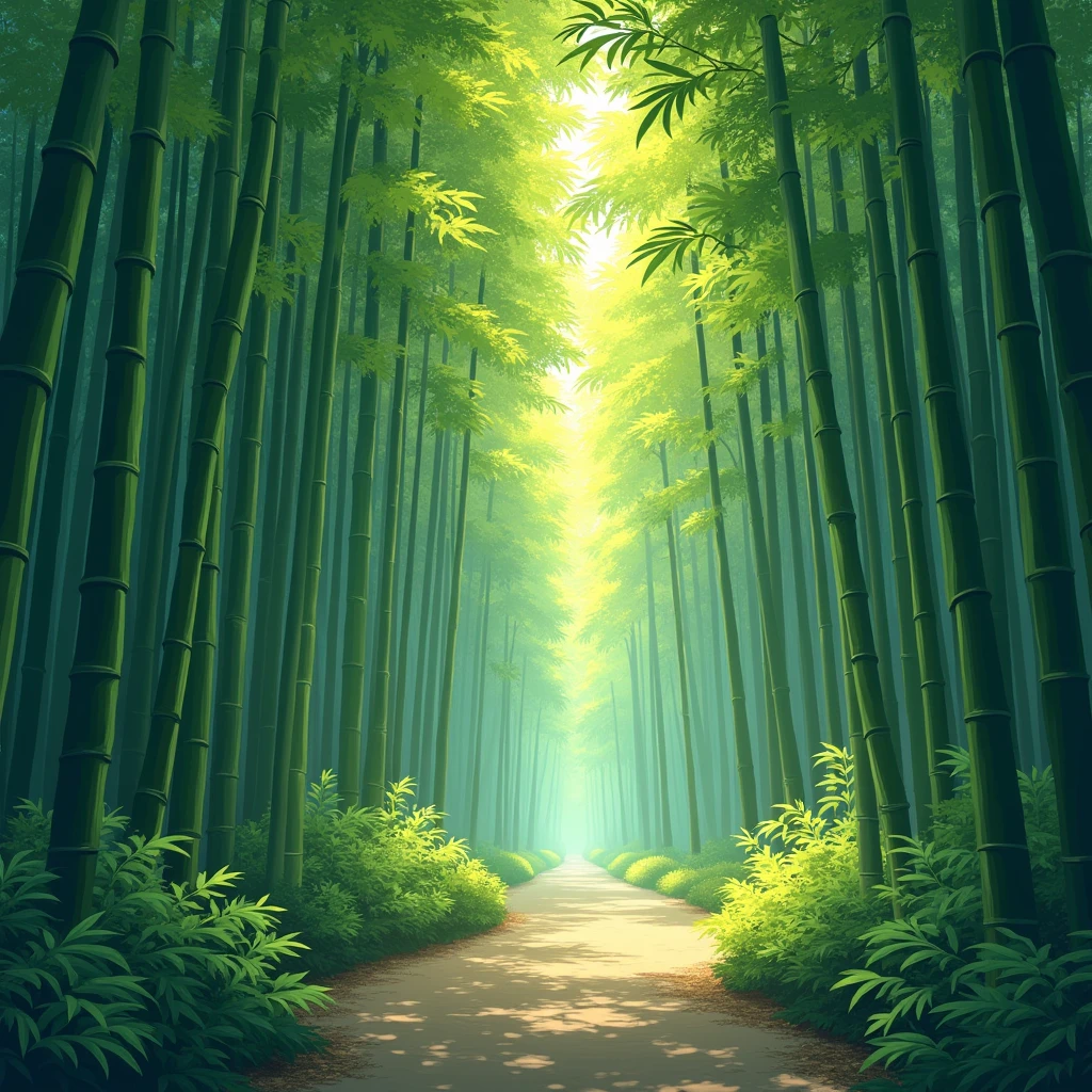 bamboo forest, Retro illustration style, nostalgic and vintage aesthetics, inspired by design elements from past decades, evokes a sense of nostalgia and charm, (best quality, masterpiece, photorealistic), very aesthetic, perfect composition, intricate details, ultra-detailed, vivid colors