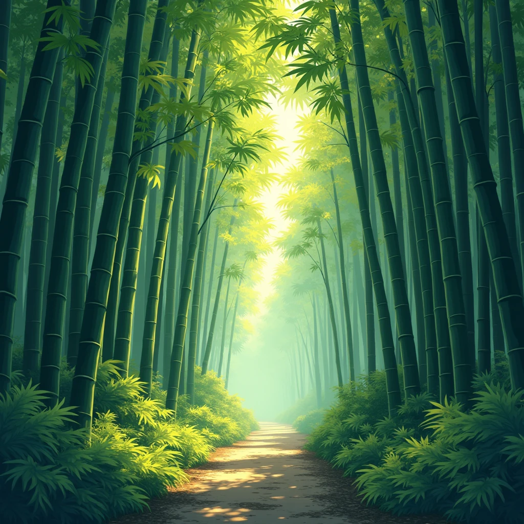 bamboo forest, Retro illustration style, nostalgic and vintage aesthetics, inspired by design elements from past decades, evokes a sense of nostalgia and charm, (best quality, masterpiece, photorealistic), very aesthetic, perfect composition, intricate details, ultra-detailed, vivid colors